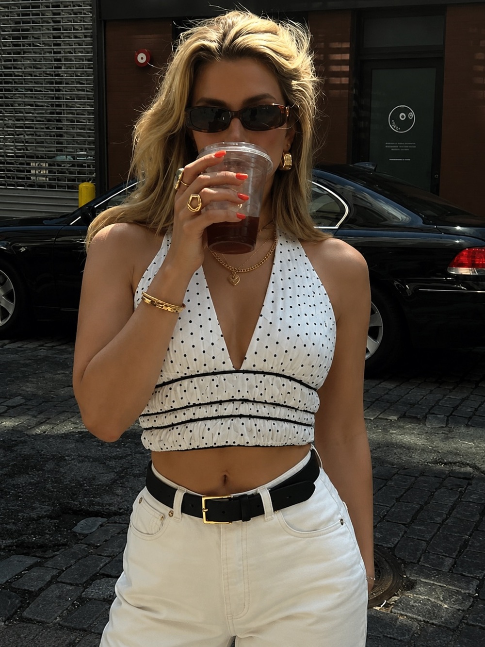 Fashion Nova White Polka Dot Halter Crop Top 100% Cotton Coastal Cottage Preppy